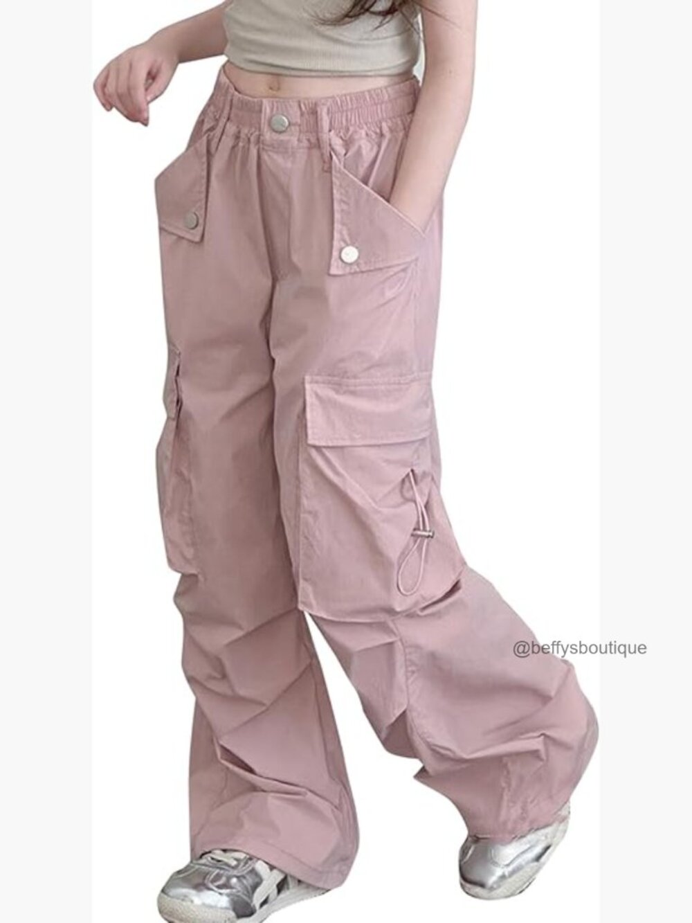Girls Cargo Parachute Pants Elastic Waist Wide Leg Streetwear Hip Hop Dance